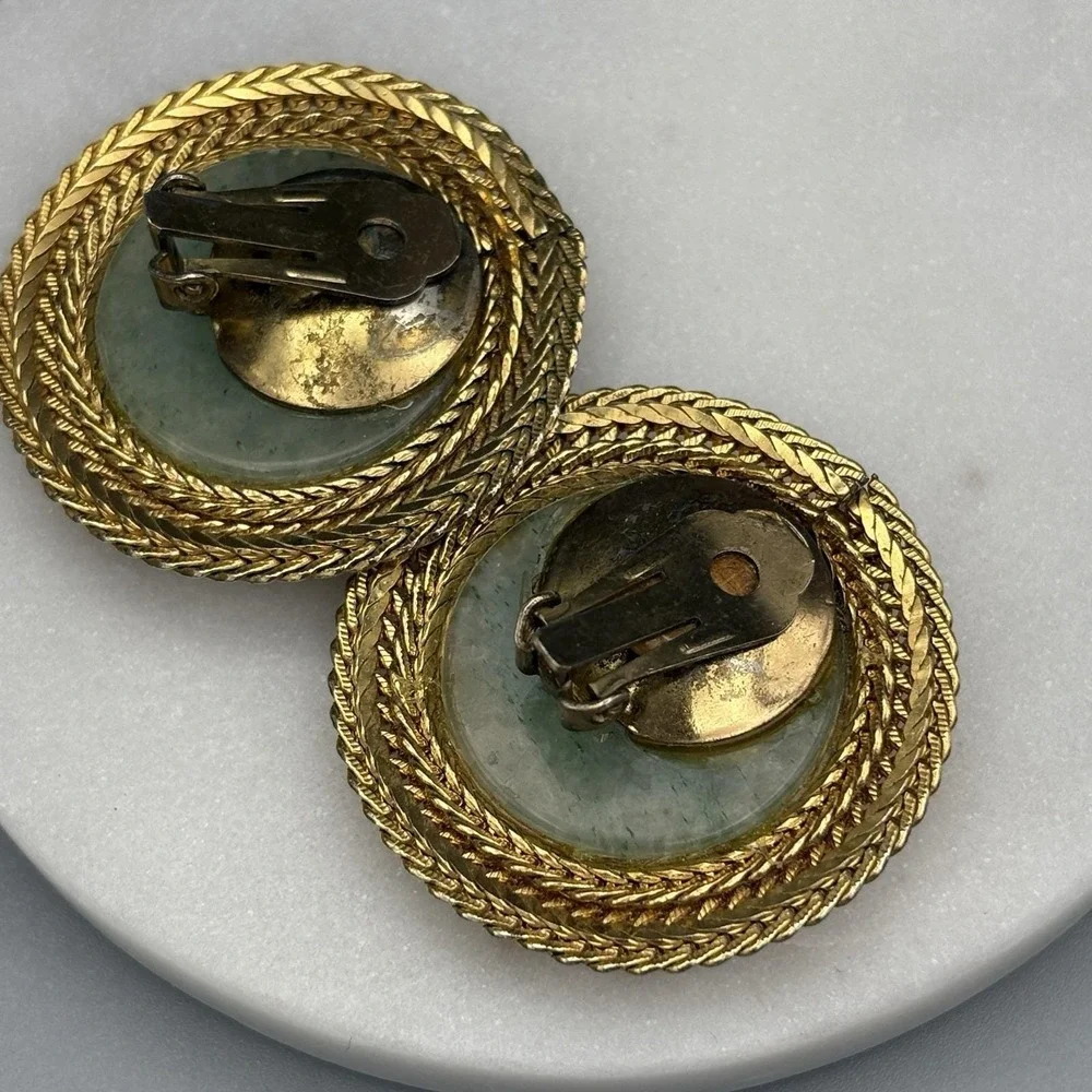 Vintage Jadeite Clip On Earrings Cabochon Braided Gold Tone Borders Statement